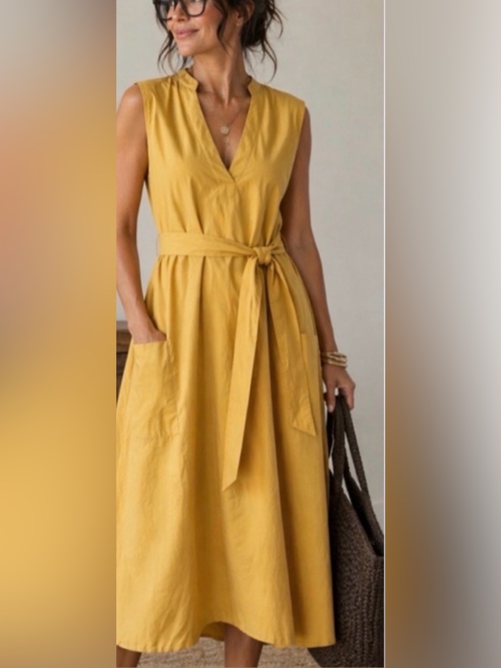 Modern Citizen Claudette Dress Dandelion Yellow Cotton Sleeveless Waist Tie, S
